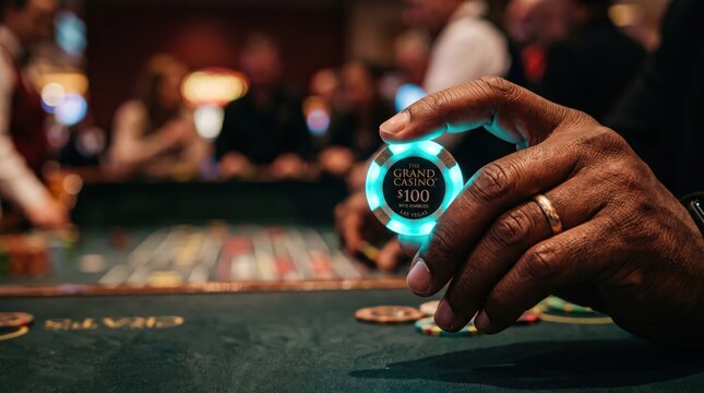 Person holding a glowing digital casino chip at a gaming table. Advanced biometric surveillance monitors the gambling floor environment.