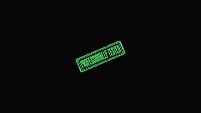 Professionally Tested green rubber stamp overlay isolated on black background for quality assurance video editing