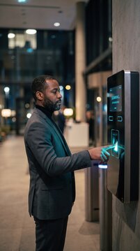 Professional man using fingerprint scanner for access. Modern casino lobby with digital security systems in the background.