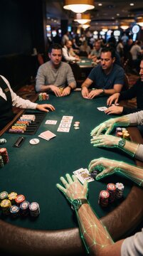 Players at a casino table with digital biometric hand overlays. Advanced artificial intelligence monitors gaming activity for security.