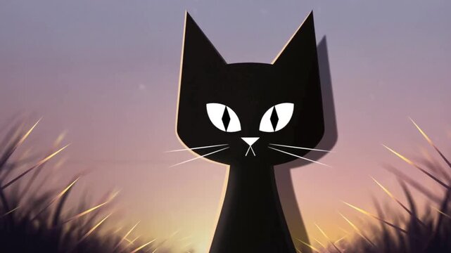 Black cat with white diamond eyes and long whiskers stands in a field during a sunset.