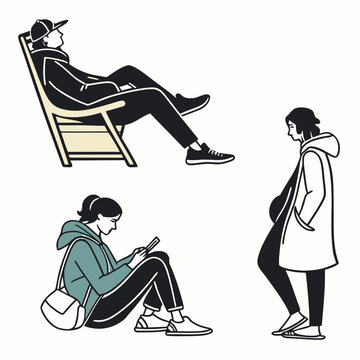 Set of young people resting sitting on phone standing in casual clothes vector illustration resting person standing coa