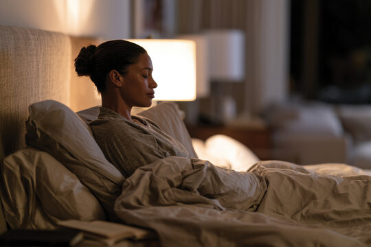 A woman is seated comfortably with her eyes closed in a stylish chair, creating a peaceful image of relaxation and calm, surrounded by soft light in a modern interior.