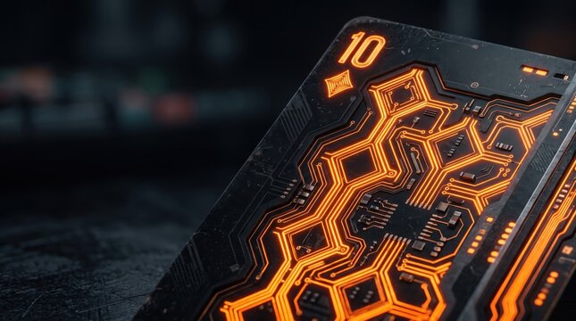Futuristic playing card featuring glowing orange circuitry patterns. High tech casino security concept with artificial intelligence integration.