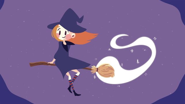 Cute witch flying on broomstick at night with sparkly trail.