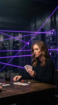 Woman playing cards at a table surrounded by purple laser beams. High tech casino environment with digital surveillance and security monitoring.