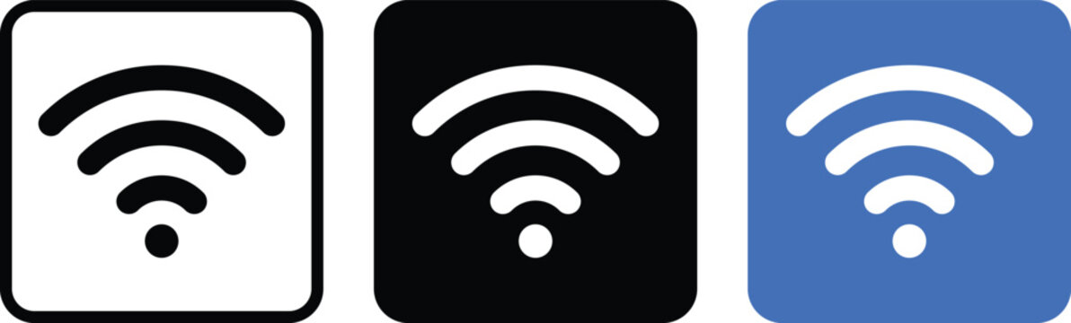 wifi icon set. black, white, and blue wireless internet and network connection symbols