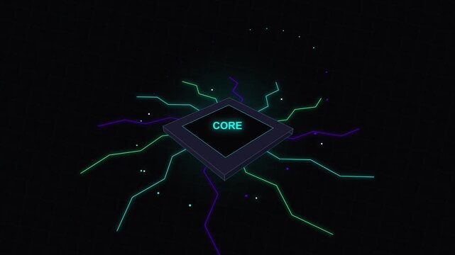 Abstract futuristic computer CPU microchip core with glowing electronic circuit lines on dark background