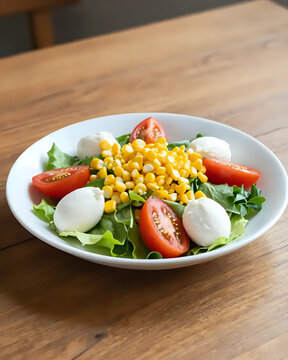 Image d'une assiette de salade de crudit&eacute;s compos&eacute;e de salade, de ma&iuml;s, de tomate et de mozzarella pos&eacute;e sur une table en bois. 