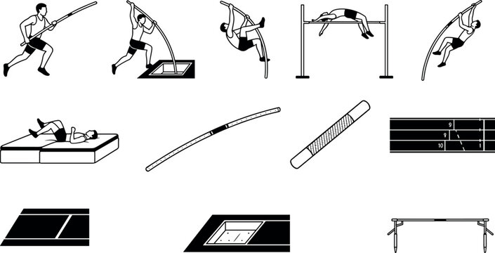 Track and Field Pole Vault Icon Set with Athlete High Jump Equipment SymbolsTrack and Field Pole Vault Icon Set with Athlete High Jump Equipment Symbols