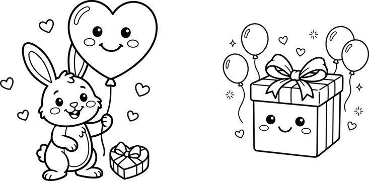 Cute cartoon bunny holding a heart balloon and a happy gift box with balloons for coloring page