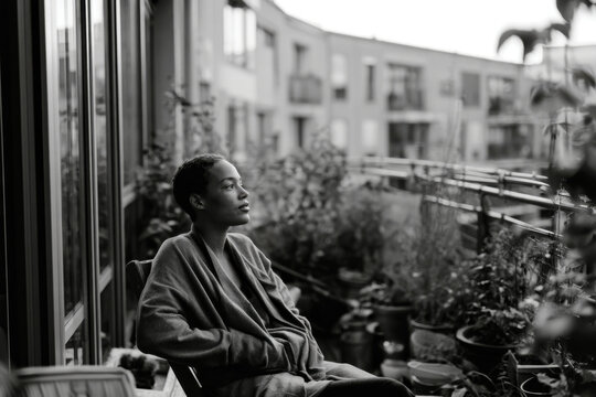 A woman dressed in a comfortable robe sits on a balcony surrounded by lush plants, lost in thought and enjoying the peaceful urban scenery, captured in a dramatic black and white style.