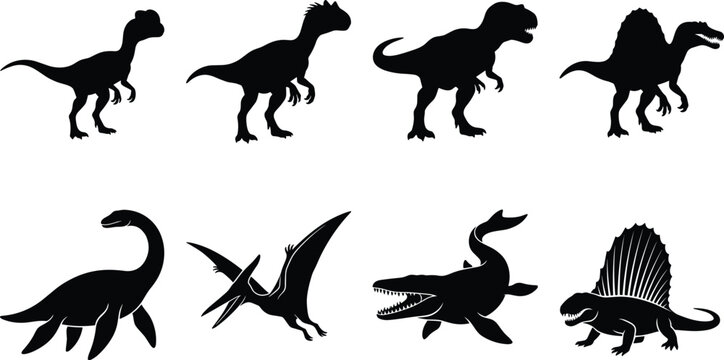 Prehistoric Dinosaur Silhouette Collection Featuring Tyrannosaurs Spinosaurus Pterosaurs and Ancient Marine Reptiles