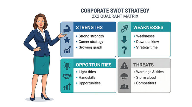 Professional businesswoman presenting a corporate SWOT analysis strategy infographic with a 2x2 quadrant matrix for business planning and strategic risk assessment