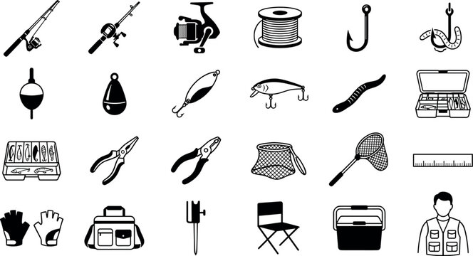 Fishing Gear and Tackle Icon Set Featuring Rod Reel Hook and Bait SymbolsFishing Gear and Tackle Icon Set Featuring Rod Reel Hook and Bait Symbols