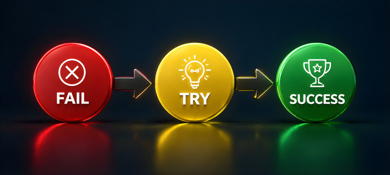 Path to Success Concept Red Fail Yellow Try and Green Success Glowing Buttons