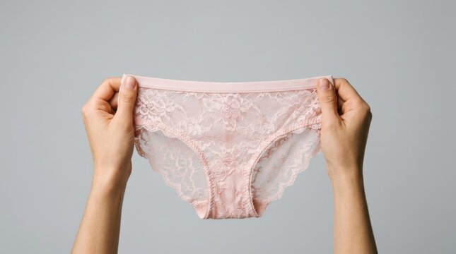 Woman Holding Pink Lace Underwear Against Neutral Background