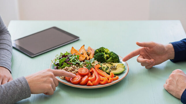 Healthy whole-food plate with salad and vegetables in wellness clinic with people pointing fingers