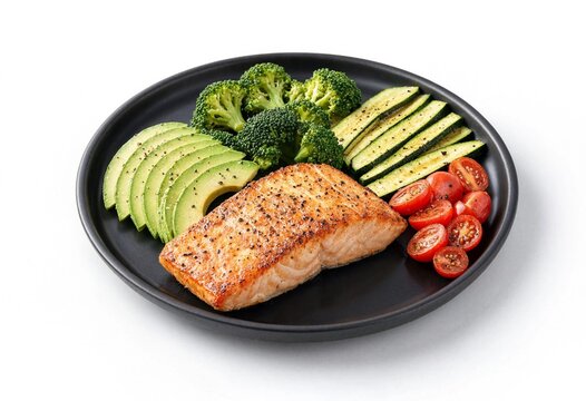 Grilled salmon fillet served with fresh avocado slices broccoli florets and cherry tomatoes on a black plate