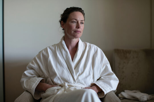 A woman seated in a plush armchair, wearing a white bathrobe, her expression contemplative as she enjoys a peaceful moment of relaxation in a cozy environment.