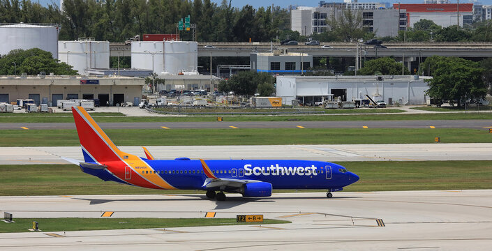 Southwest Airlines jet getting ready to take off from the Fort Lauderdale Hollywood International Airport.  Southwest is famous for low fares and non stop flights.