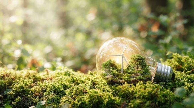 Light Bulb Surrounded by Moss with Miniature Trees and Windmill