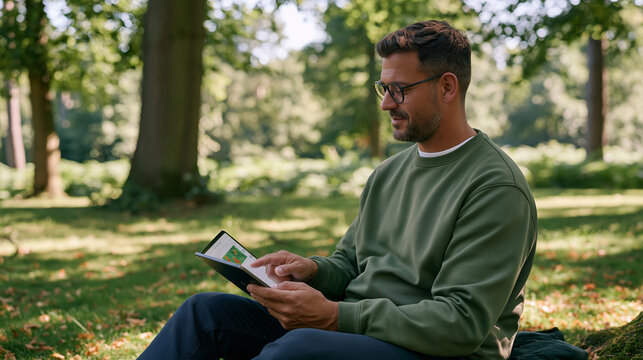 Over the shoulder view of a conversion optimisation strategist reviewing a heatmap interface on a tablet in a sun-dappled forest clearing, the contrast of data analytics work