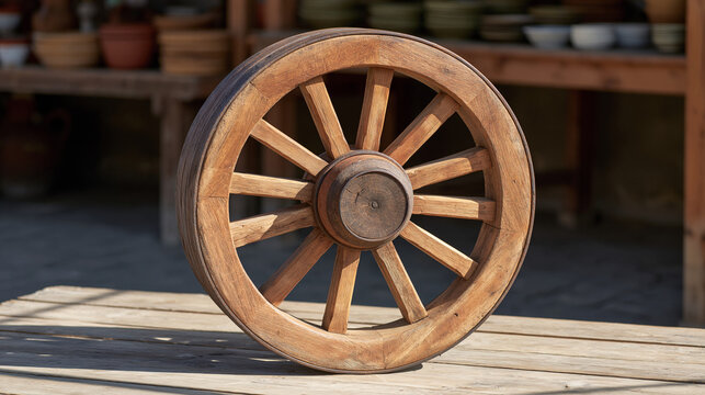 Close up of a single worn wooden wheel hub in a vibrant artisan market stall, a wheelwright's hand-forged iron rim catching afternoon light, tool marks and grain detail rich with