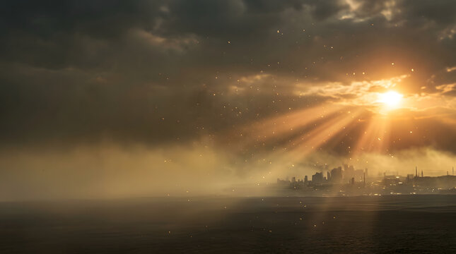 雲の隙間から差し込む神秘的な光と霞む景色の風景背景
