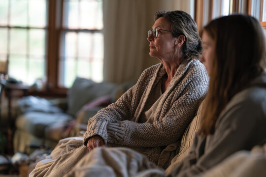 A thoughtful woman sits in a cozy living room, lost in contemplation, showcasing a sense of connection and introspection amidst a warm, inviting atmosphere filled with natural light.