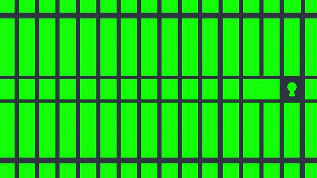 Grayscale prison bars with a striking keyhole against a bright green screen background, representing freedom and captivity.