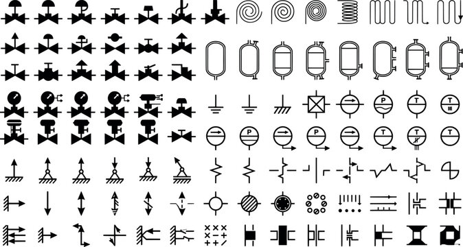 Set of technical engineering symbols and icons for piping and instrumentation diagrams, industrial process control, and mechanical schematics