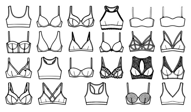 Women&rsquo;s bra and brassiere black and white bold outline icon set for support fashion and lingerie vector illustration
