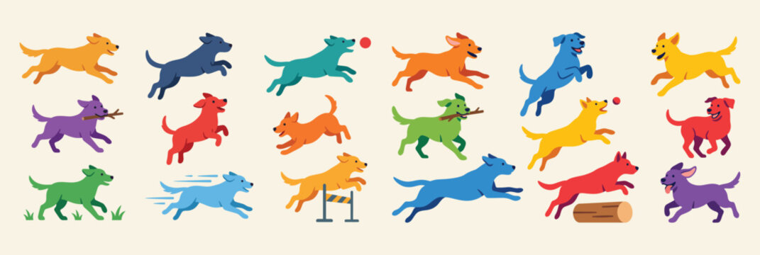 Colorful stylistic dogs running and jumping set illustration with colorful illustration collection creative stylized abstract energetic character domestic companion