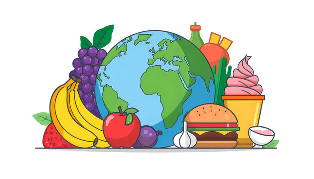 Global healthy eating concept with fresh fruits vegetables and fast food elements.