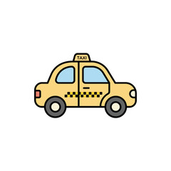 Naklejka premium Yellow taxi cab cartoon illustration with checkered pattern and 'taxi' sign.