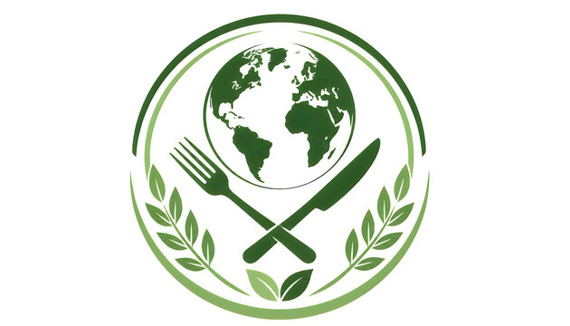 Green global food emblem featuring planet earth with crossed fork and knife icon.