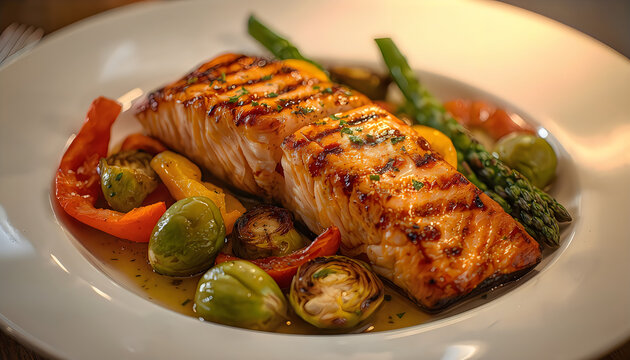 Grilled salmon fillet with green asparagus and brussels sprouts on white plate.