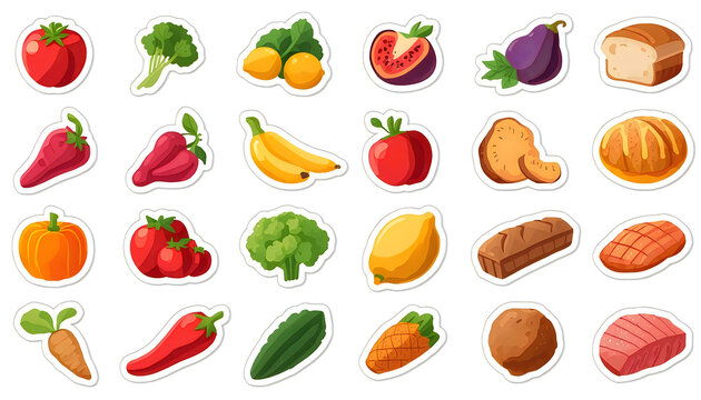 Hand drawn food and grocery sticker set featuring fruits vegetables bread meat.