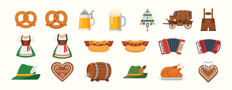 Oktoberfest festival traditional food drink and clothing icon set with beer drinks german festival beer stein pretzel snack traditional costume oktoberfest celebration elements accordion