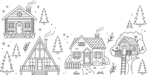 Fototapeta premium Cozy cabin and house vector line art set with log cabin aframe cottage treehouse pine trees for illustration.