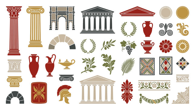 Set of ancient Greek and Roman architectural elements and historical symbols.
