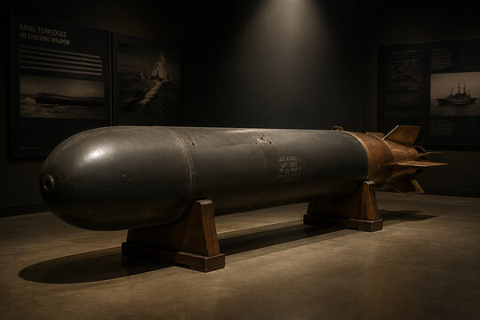 Decommissioned naval torpedo on wooden display cradles in museum, naval history concept