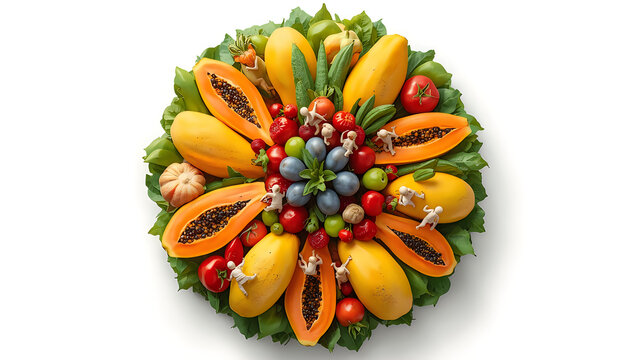 Papaya salad mandala flat lay with miniature figures and fresh tropical produce.
