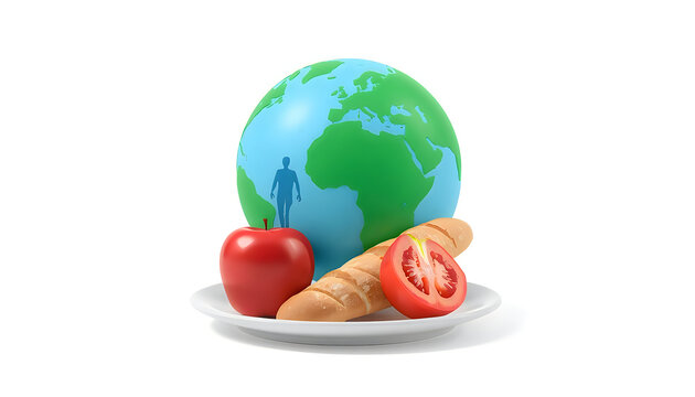 Plate with apple bread and tomato before globe with human silhouette.