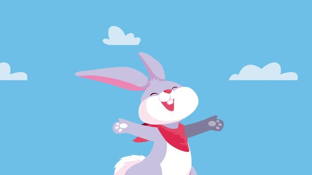 Happy easter animation with cute rabbit and clouds in the sky, dynamic spring season footage for festive celebrations.