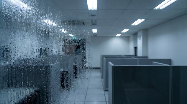 Condensation on office window pane overlooking empty cubicles in a modern corporate workspace.