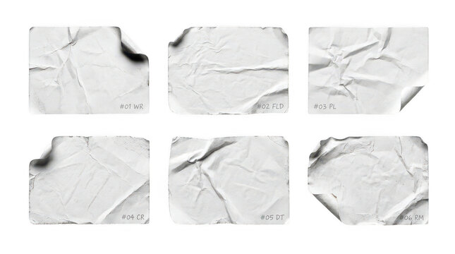 Set of white crumpled paper sheets with curled corners isolated on transparent background