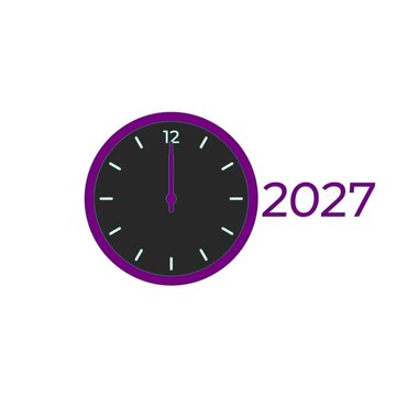 Purple clock marking midnight on New Year Eve for twenty twenty seven countdown shown in this vibrant graphic motion animation video for modern festive digital display.
