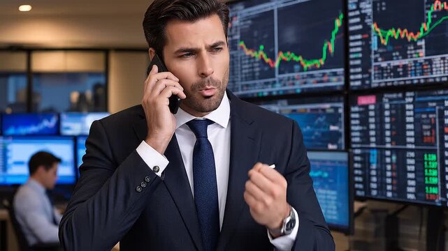 A serious investment banker in a sharp suit talks on phone on a busy trading floor, surrounded by multiple monitors flashing complex financial charts and data. High-stakes corporate environment